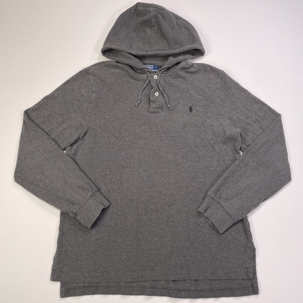 Vtg Polo Ralph Lauren Hoodie Henley Gray Men's Large Pullover 100% Cotton